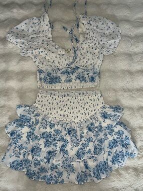 Thirty / Thirty LA Ruffle Top Skirt Roses Floral Lined New White & Blue Size XS
